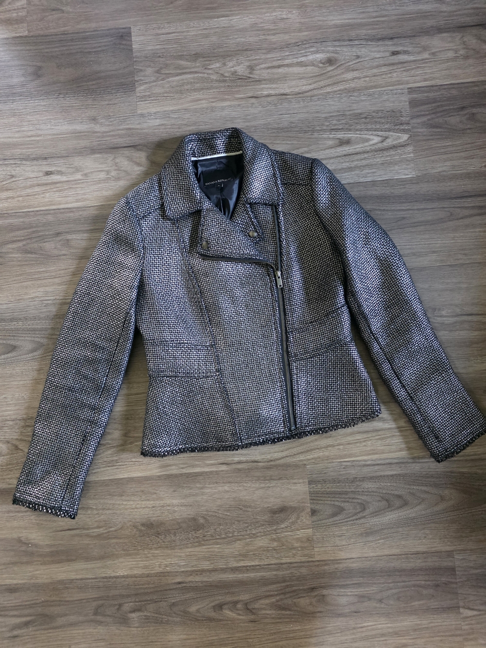 Banana Republic Silver Metallic Tweed Moto Jacket Women's Size 8